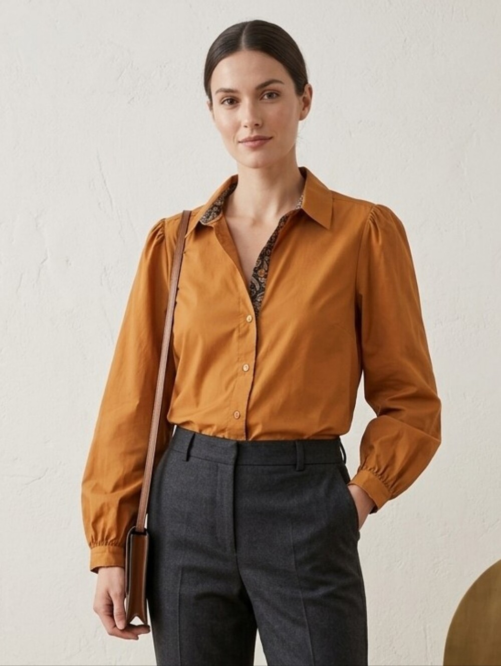 Contemporaine Simons Camel Brown 100% Cotton Puff Sleeve Blouse Top XL